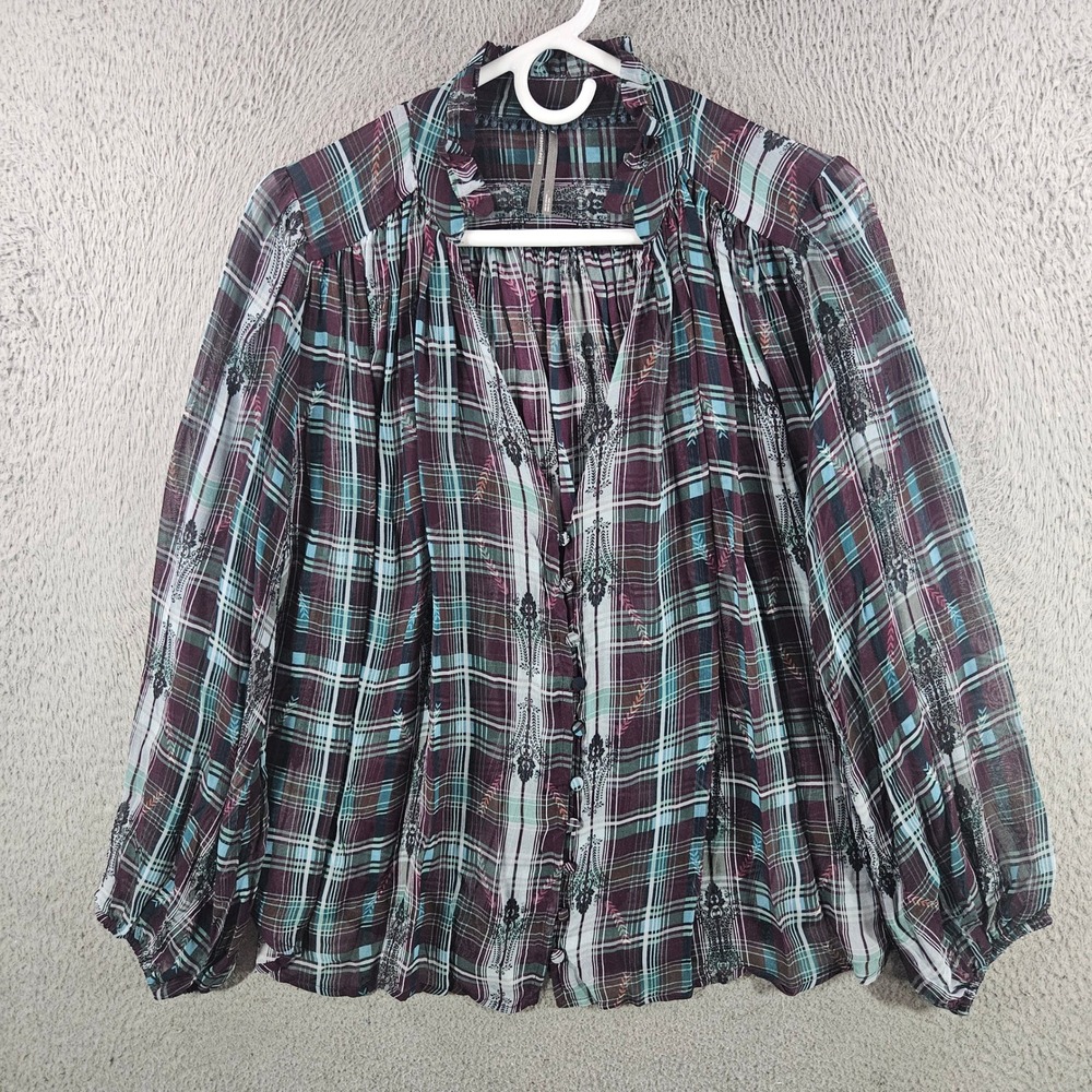 Anthropologie Womens Plaid Damask Ruffle Neck Balloon Sleeve Blouse Purple‎ S